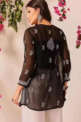 Hand embroidered black georgette lucknowi chikankari short kurti