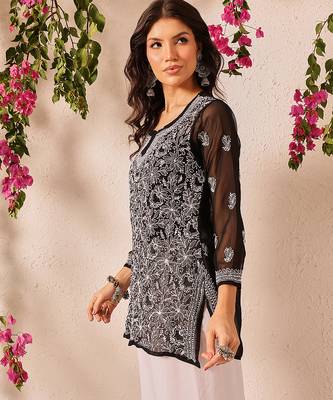 Hand embroidered black georgette lucknowi chikankari short kurti 3