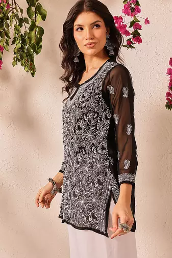 Hand embroidered black georgette lucknowi chikankari short kurti