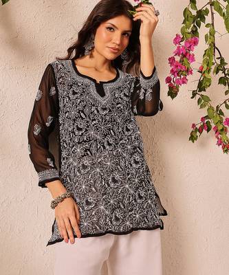 Hand embroidered black georgette lucknowi chikankari short kurti 4