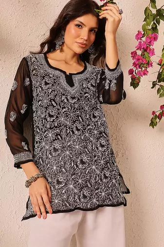 Hand embroidered black georgette lucknowi chikankari short kurti