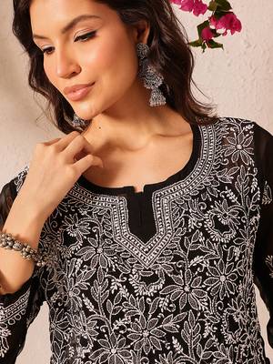 Hand embroidered black georgette lucknowi chikankari short kurti 5