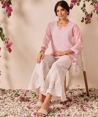 Hand embroidered baby pink georgette lucknowi chikankari short kurti 6