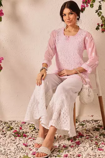 Hand embroidered baby pink georgette lucknowi chikankari short kurti