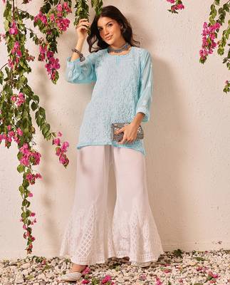 Hand embroidered blue georgette lucknowi chikankari short kurti 6