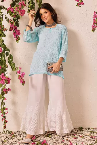 Hand embroidered blue georgette lucknowi chikankari short kurti