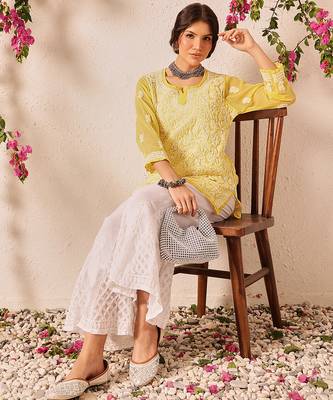 Hand embroidered yellow georgette lucknowi chikankari short kurti 6