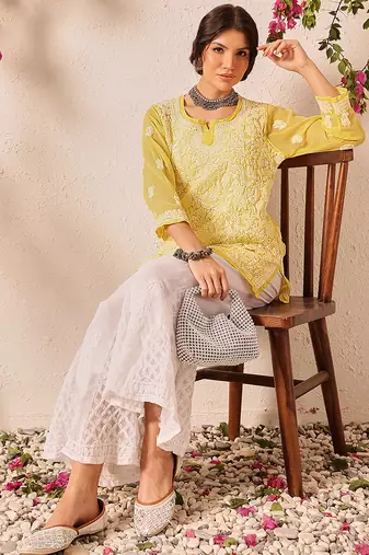 Hand embroidered yellow georgette lucknowi chikankari short kurti