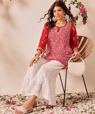 Hand embroidered red georgette lucknowi chikankari short kurti 6
