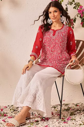 Hand embroidered red georgette lucknowi chikankari short kurti