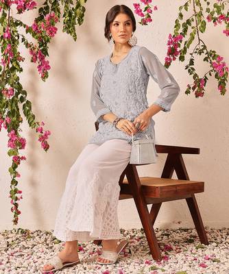 Hand embroidered grey georgette lucknowi chikankari short kurti 6