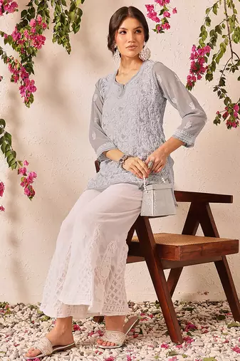 Hand embroidered grey georgette lucknowi chikankari short kurti