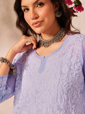 Hand embroidered mauve georgette lucknowi chikankari short kurti 6