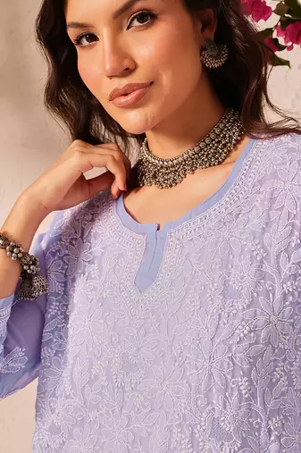 Hand embroidered mauve georgette lucknowi chikankari short kurti