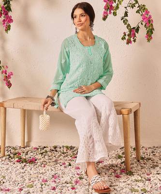 Hand embroidered sea green georgette lucknowi chikankari short kurti 6