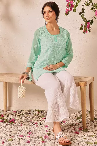 Hand embroidered sea green georgette lucknowi chikankari short kurti