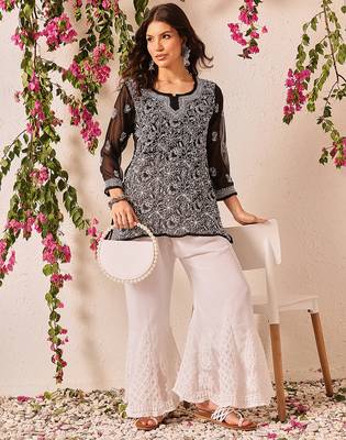 Hand embroidered black georgette lucknowi chikankari short kurti 6