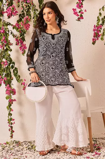Hand embroidered black georgette lucknowi chikankari short kurti