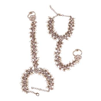 gold plated pearl hathphool set with floral & oval design  2