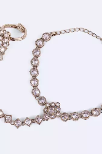 gold plated round & rectangle stone hathphool set of 2 for women