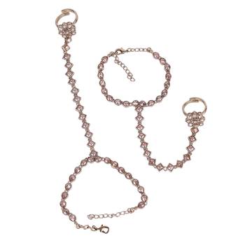 Traditional creative rectangle and oval shape gold plated set of 2 adjustable hathphool(panja) for women 2