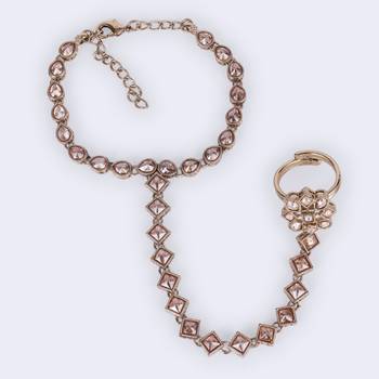 Traditional creative rectangle and oval shape gold plated set of 2 adjustable hathphool(panja) for women 4
