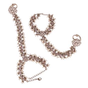 gold plated pearl floral & oval hathphool set of 2 for women 2