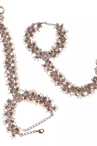 gold plated pearl floral & oval hathphool set of 2 for women