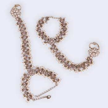 gold plated pearl floral & oval hathphool set of 2 for women 3