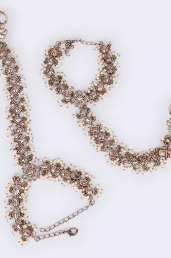 gold plated pearl floral & oval hathphool set of 2 for women