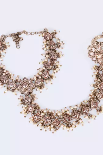 gold plated pearl floral & oval hathphool set of 2 for women
