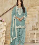 Turquoise Embroidered chanderi silk patiala salwar kameez