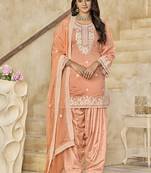 Peach Embroidered chanderi silk patiala salwar kameez