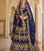 Navy Blue Velvet Embroidered Wedding Lehenga Choli