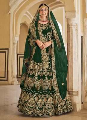 Green Velvet Embroidered Wedding Lehenga Choli 1