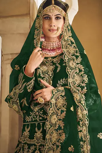 Green Velvet Embroidered Wedding Lehenga Choli