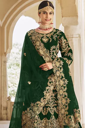Green Velvet Embroidered Wedding Lehenga Choli