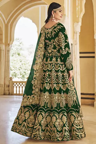 Green Velvet Embroidered Wedding Lehenga Choli