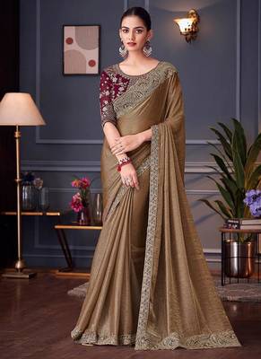 Brown embroidered double tone silk blend saree 1