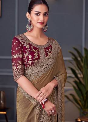 Brown embroidered double tone silk blend saree 2