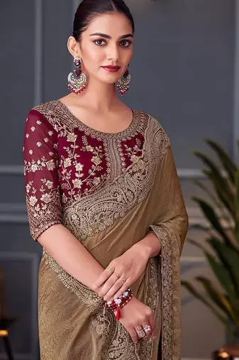 Brown embroidered double tone silk blend saree