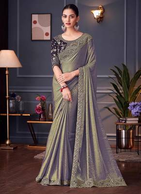 Steel grey embroidered double tone silk blend saree 1