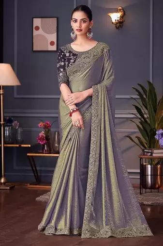 Steel grey embroidered double tone silk blend saree