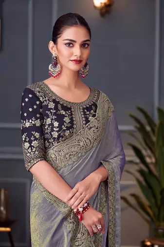 Steel grey embroidered double tone silk blend saree
