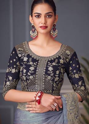 Steel grey embroidered double tone silk blend saree 3
