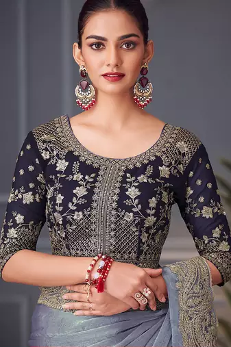 Steel grey embroidered double tone silk blend saree