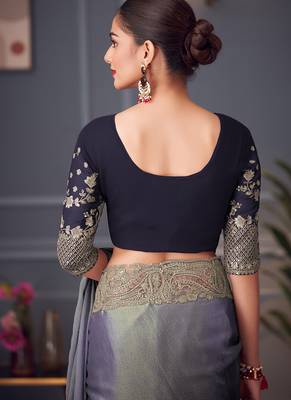 Steel grey embroidered double tone silk blend saree 4