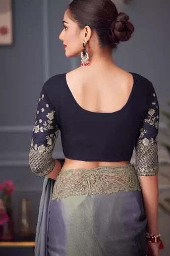 Steel grey embroidered double tone silk blend saree