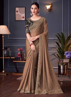 Light brown embroidered double tone silk blend saree 1