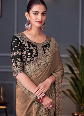 Light brown embroidered double tone silk blend saree 2